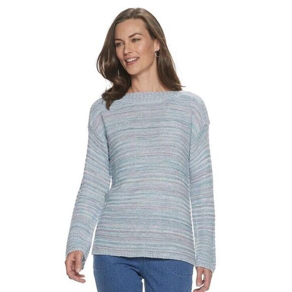 Croft & Barrow | Striped Boatneck Knit Sweater Flared Sleeves Medium Blue Pink - Picture 1 of 8